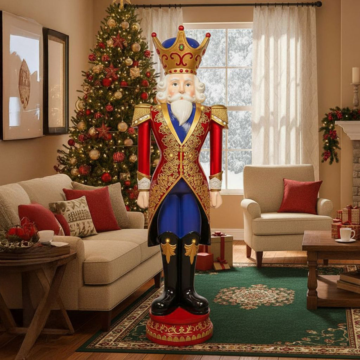 6ft Giant Traditional Christmas Nutcracker King - Red, Blue and Cream with LED Lights