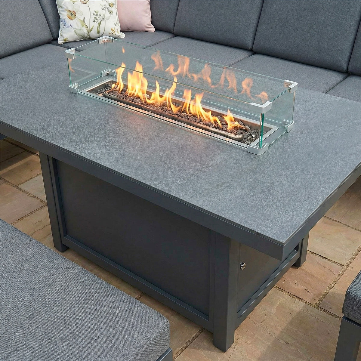 Bracken Outdoors Miami Dark Aluminium Rectangular Corner Set with Firepit Table, Bench and Stool