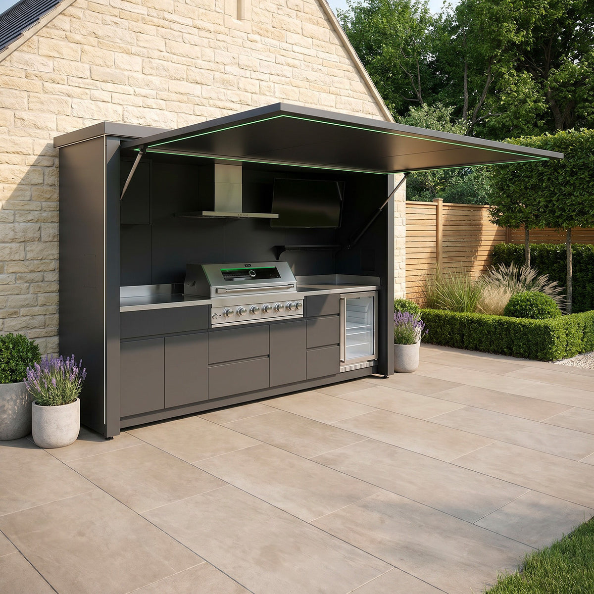 Draco Grills Outdoor Kitchen Garden Pod with 6 Burner Stainless Steel Barbecue and Fridge