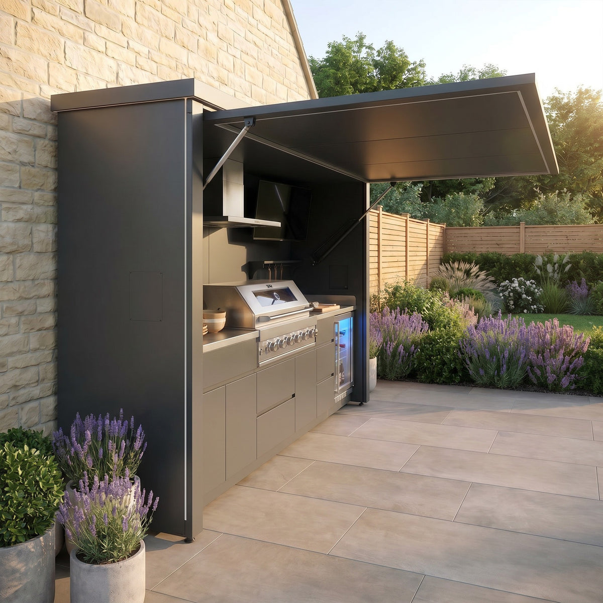 Draco Grills Outdoor Kitchen Garden Pod with 6 Burner Stainless Steel Barbecue and Fridge