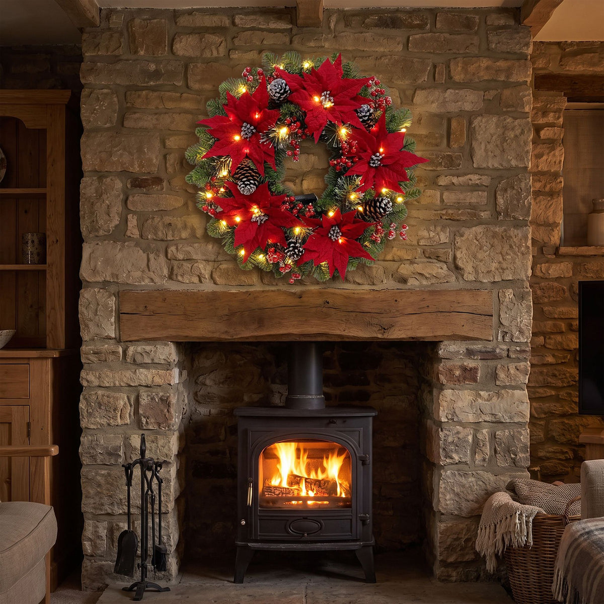 The Christmas Centre Noel Poinsettia 26in (66cm) Prelit Christmas Wreath with Warm White Battery Operated LED Lights