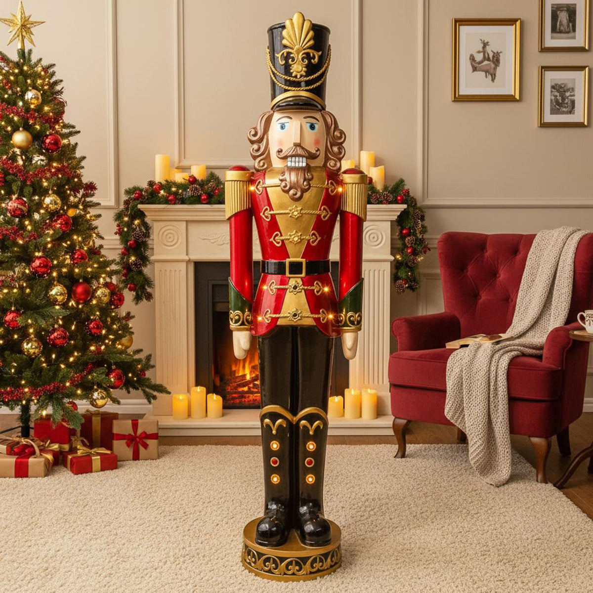 5ft Large Traditional Christmas Nutcracker Soldier - Red, Black and Green with LED Lights