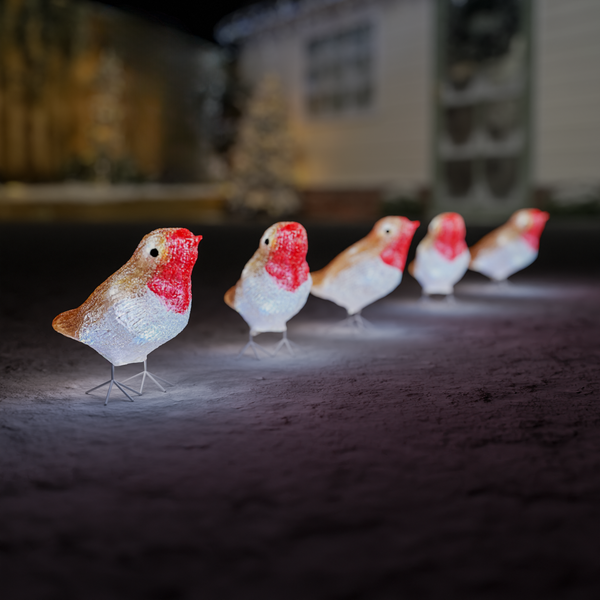 Set of 5 Soft Acrylic Light Up Christmas Robins with 40 Cool White Sta ...