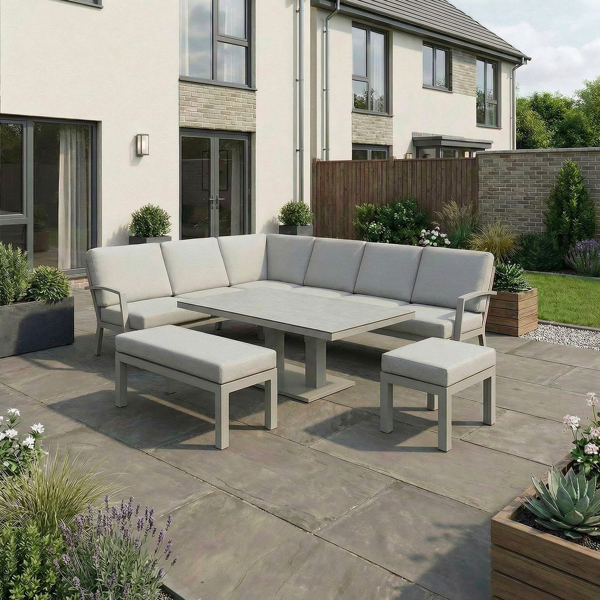 Bracken Outdoors Miami Stone Aluminium Rectangular Corner Set with Adjustable Table, Bench & Stool