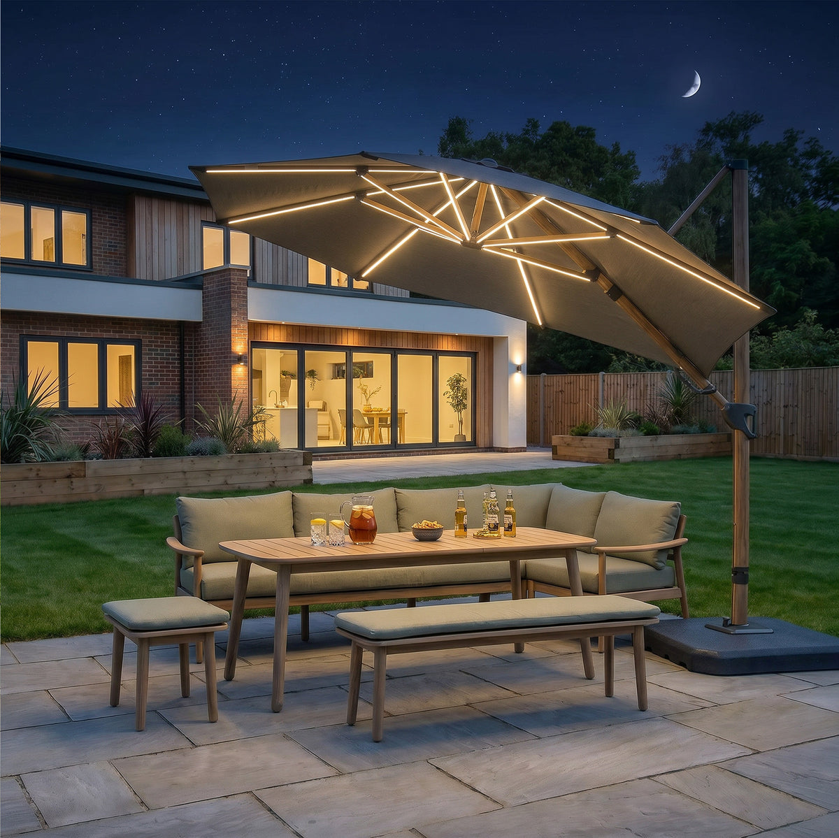 Bracken Outdoors Wood Effect 3.3m Grey Round Cantilever Parasol With Lights & FREE Base
