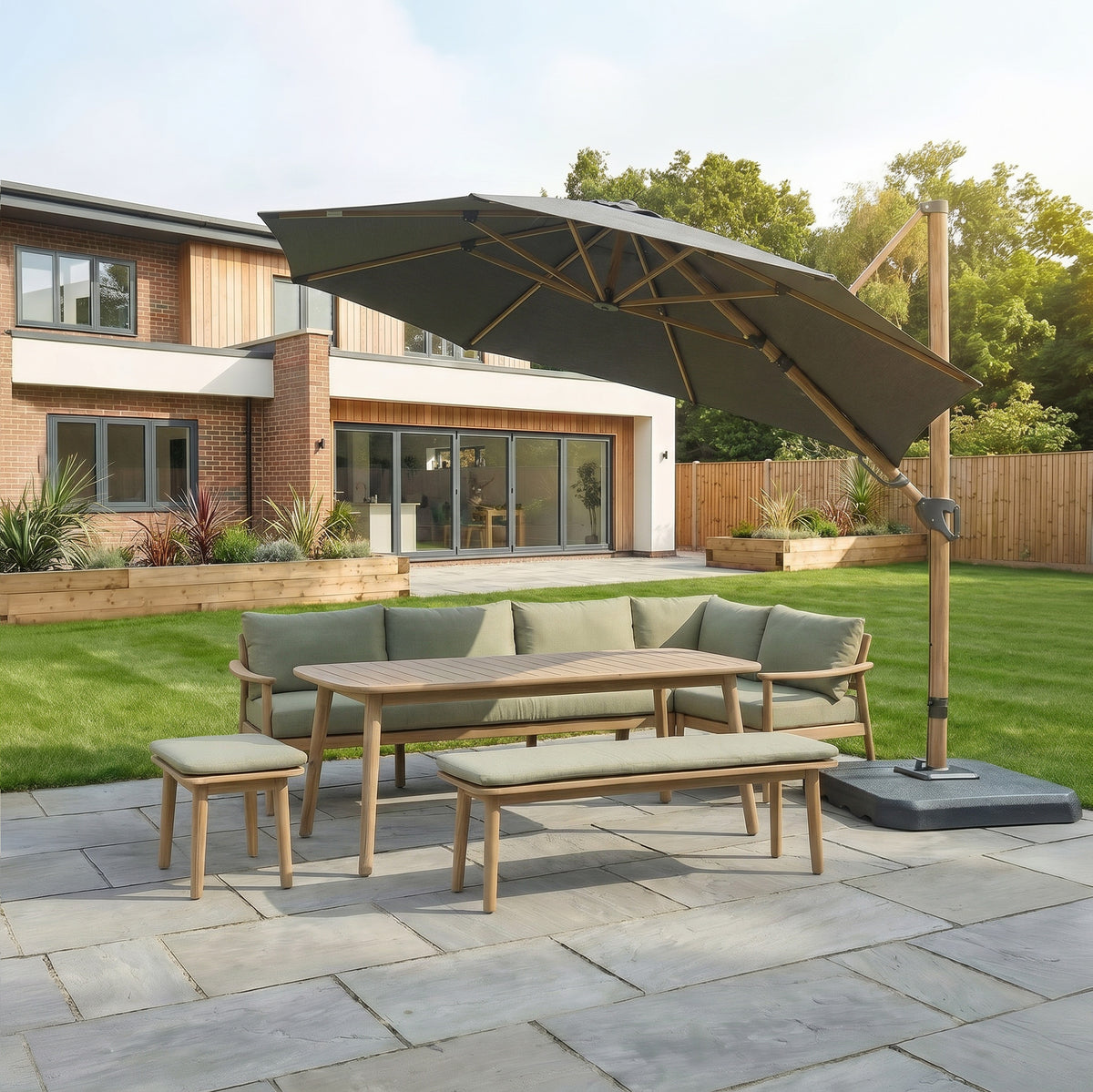 Bracken Outdoors Wood Effect 3.3m Grey Round Cantilever Parasol With Lights & FREE Base