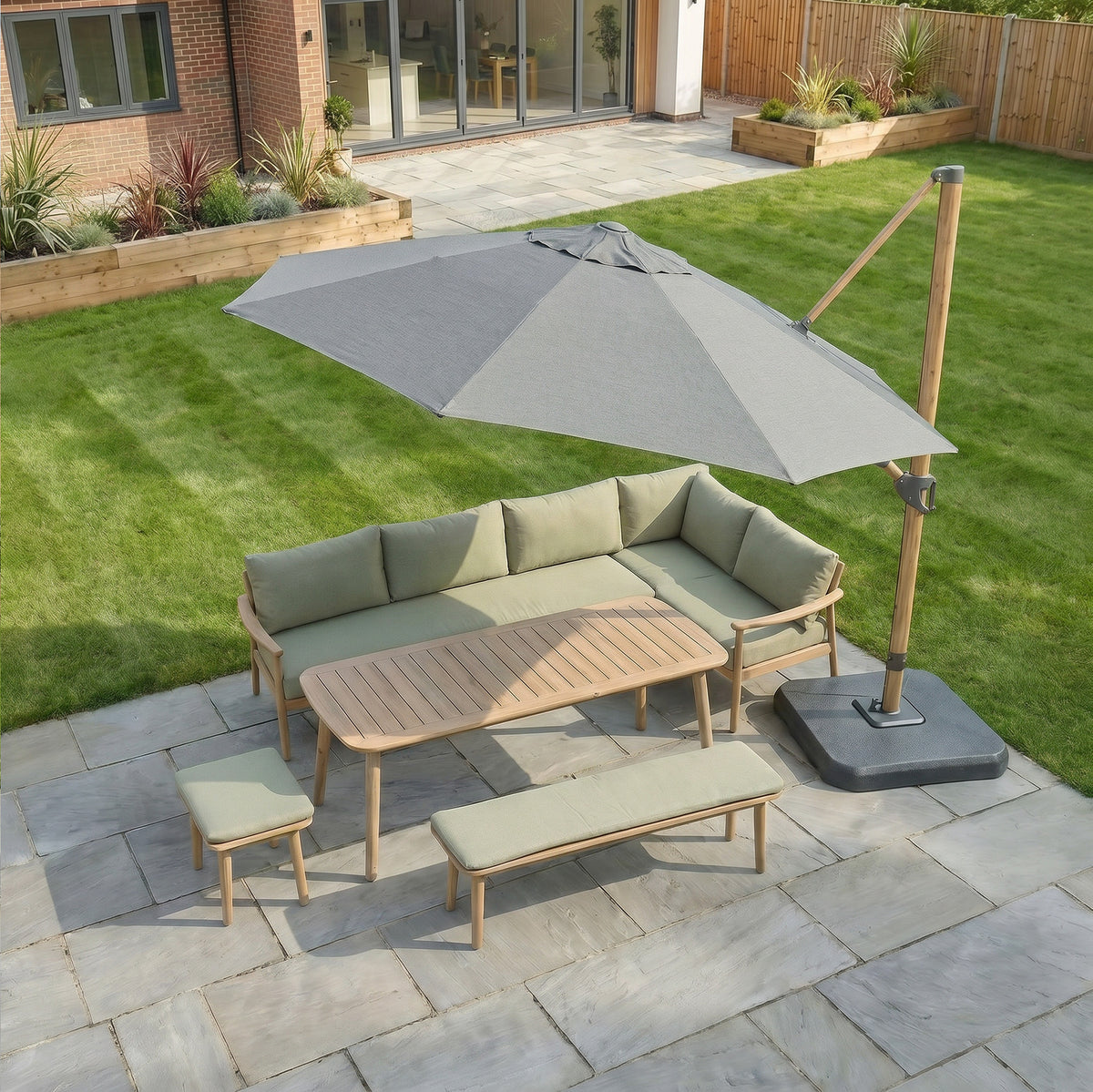 Bracken Outdoors Wood Effect 3.3m Grey Round Cantilever Parasol With Lights & FREE Base