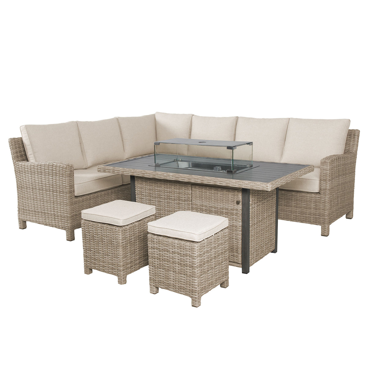 Kettler Palma Corner Right Hand Oyster Wicker Outdoor Sofa Set with Fire Pit Table