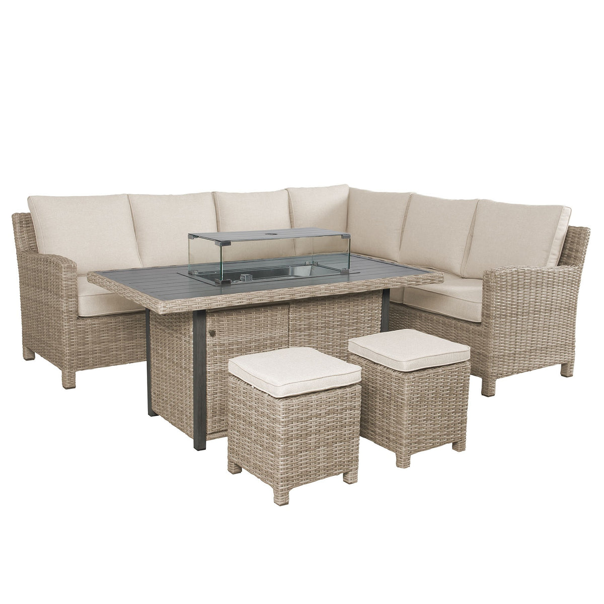 Kettler Palma Corner Left Hand Oyster Wicker Outdoor Sofa Set with Fire Pit Table