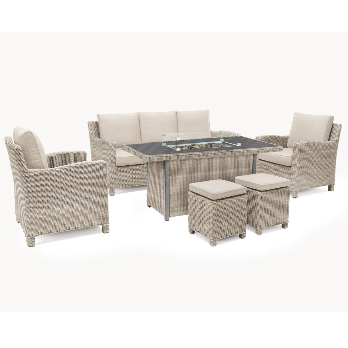 Kettler Palma Oyster Wicker Outdoor Casual Dining Lounge Sofa Set with Fire Pit Table