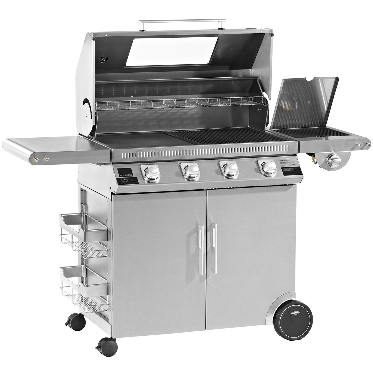BeefEater Discovery 1100S Series 4 Burner Gas Barbecue with Stainless Steel Cabinet Trolley and Side Burner