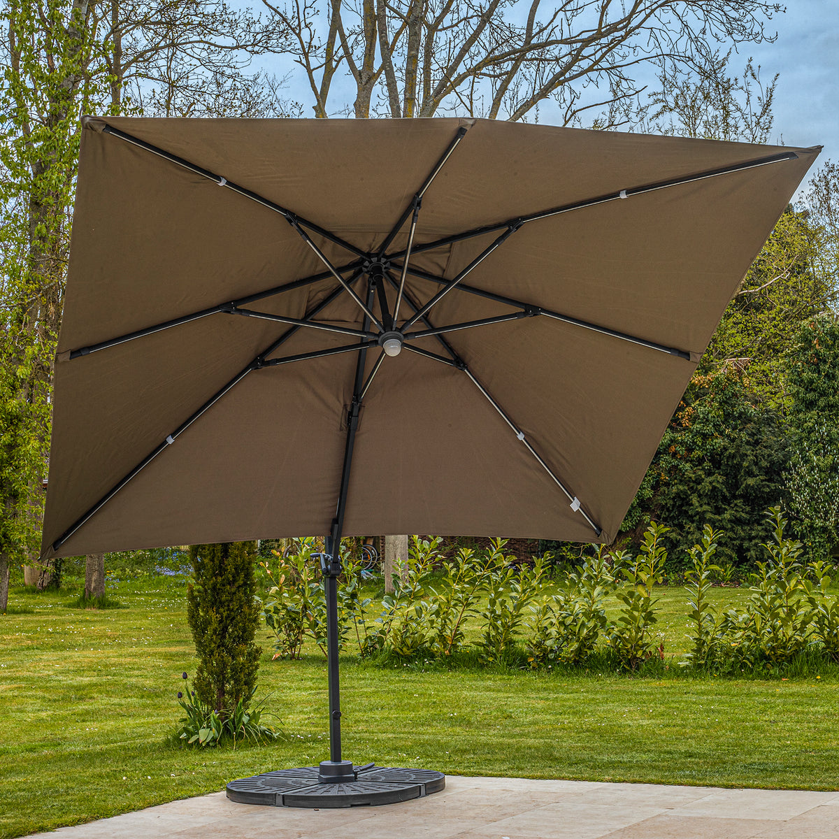 Bracken Outdoors Taupe Napoli Deluxe 3m x 3m Square Cantilever Parasol With LED Lights