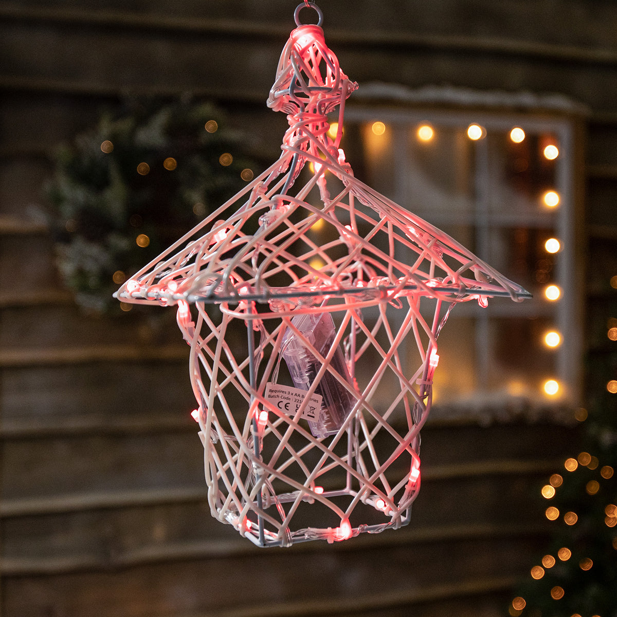 35CM Colour Changeable White Wicker Christmas Lantern with 40 LEDS -Battery Operated