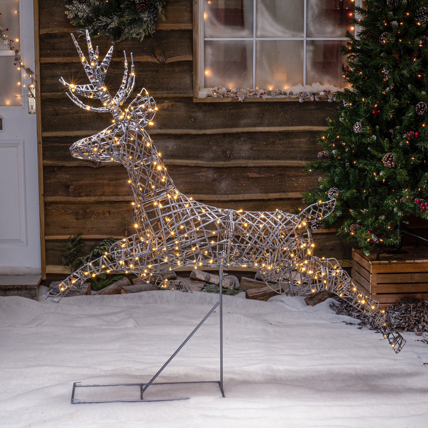 1.5M Grey Wicker Outdoor Light Up Christmas Leaping Stag With 300 Whit ...
