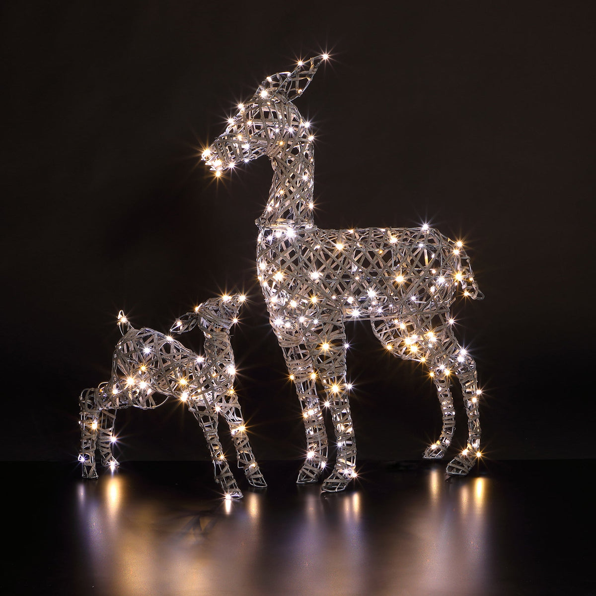 Christmas Reindeer Lights - 90CM Grey Wicker Deer and Fawn With 230 LEDs