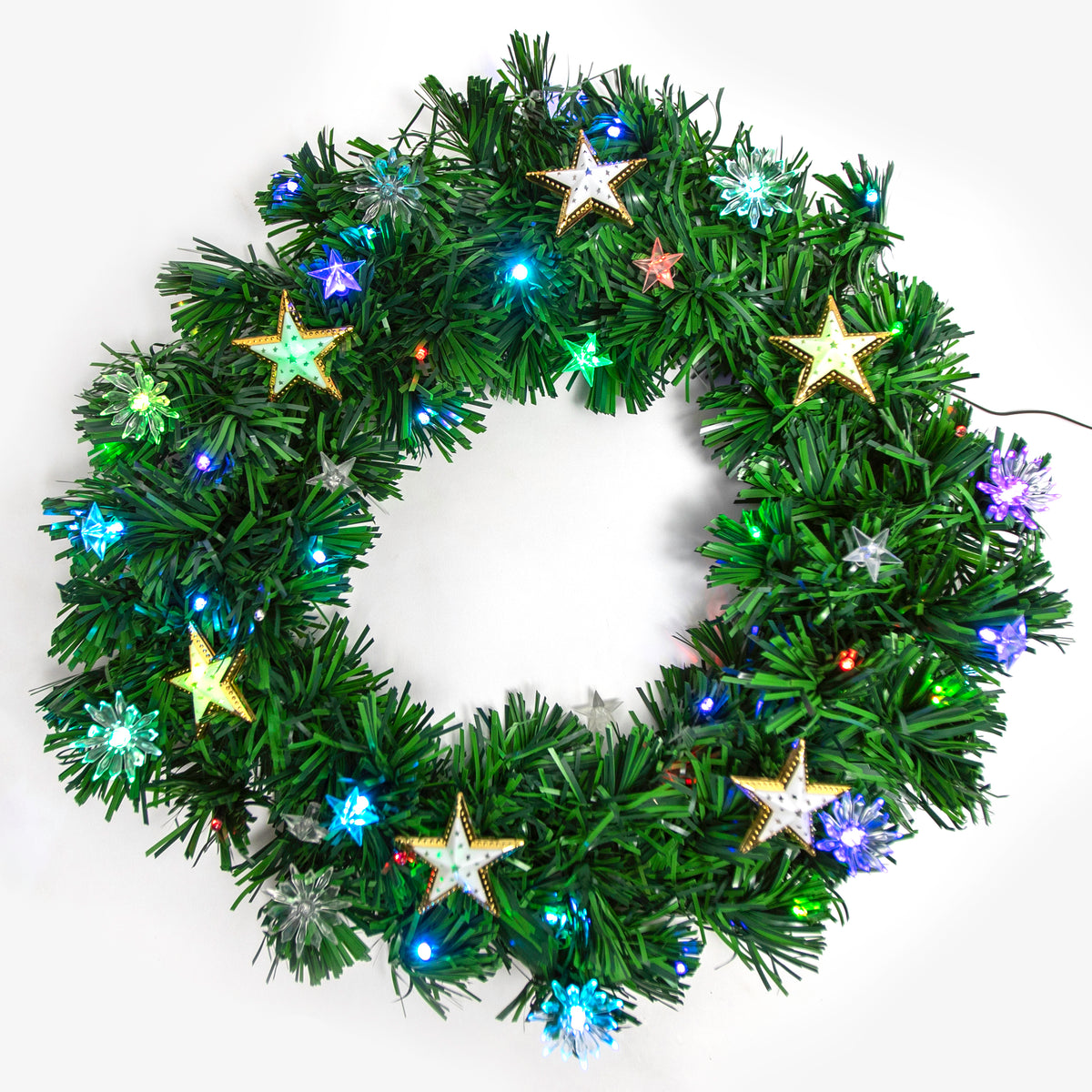 Christmas Wreath with Multi Coloured LED&#39;s, Stars and Lotus Flowers - Green 60cm