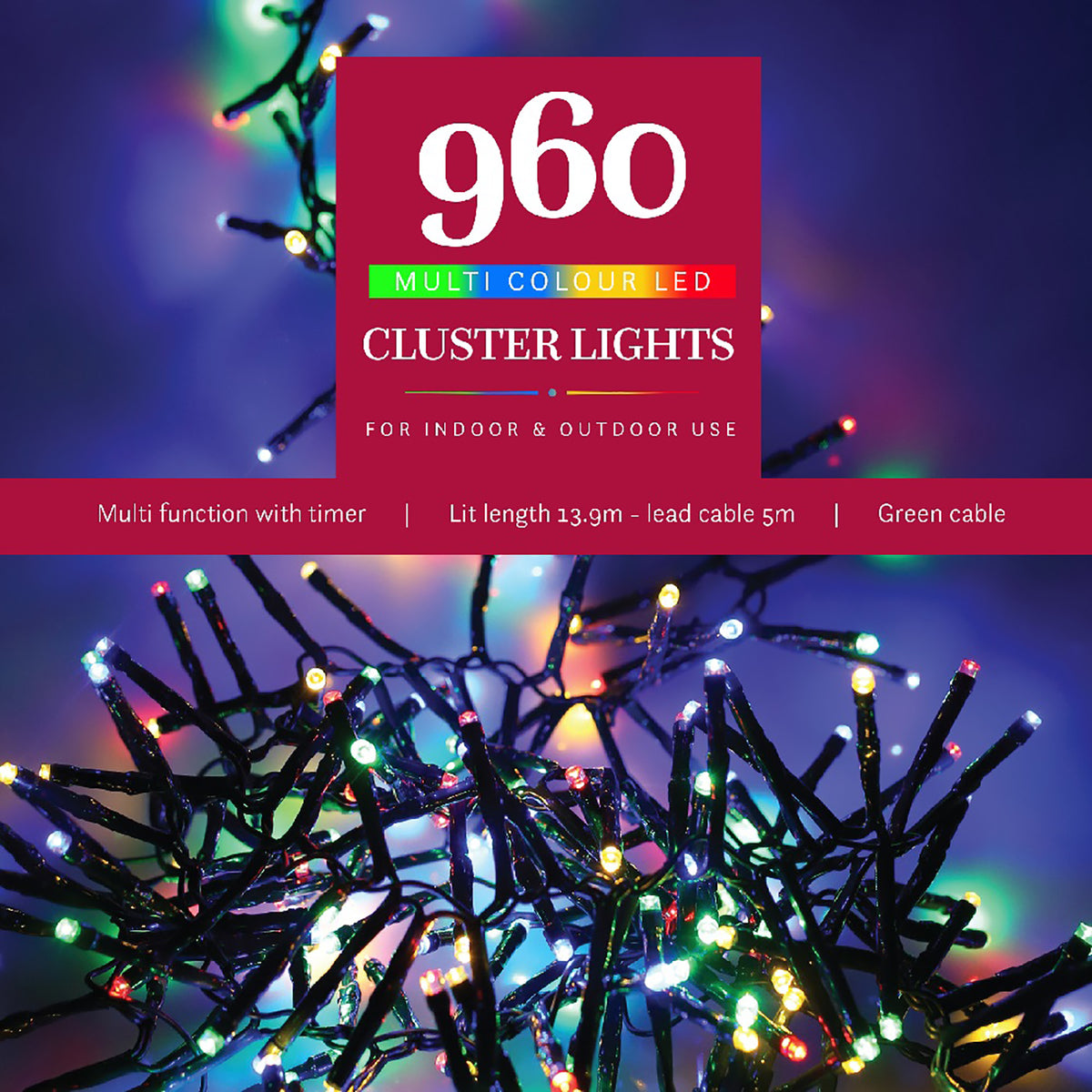 Noma Christmas 360, 480, 720, 960, 2000 Multifunction Cluster Lights with Green Cable - Multi Colour