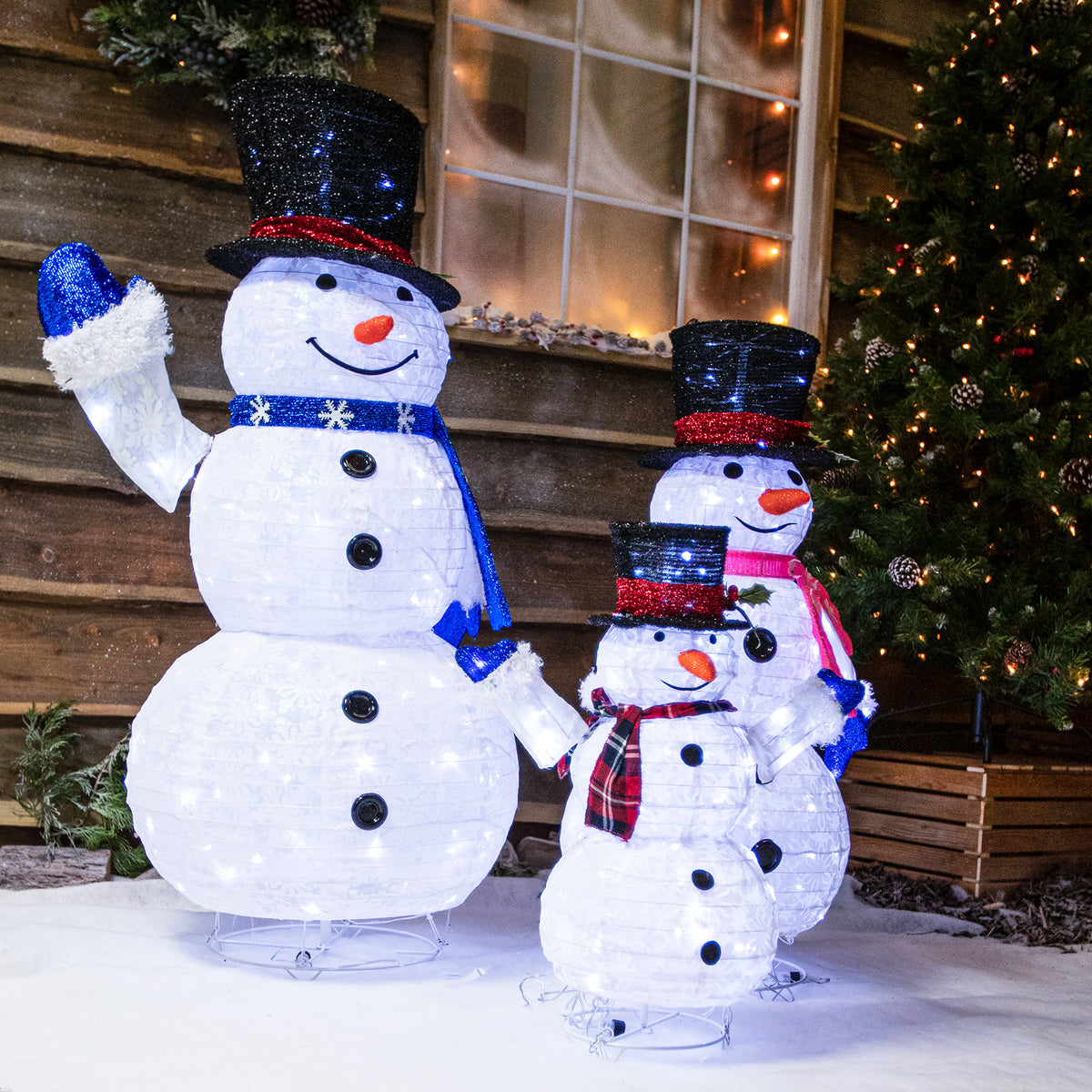 Set Of 3 Pop-Up Snowmen Family with White LED Lights and Timer