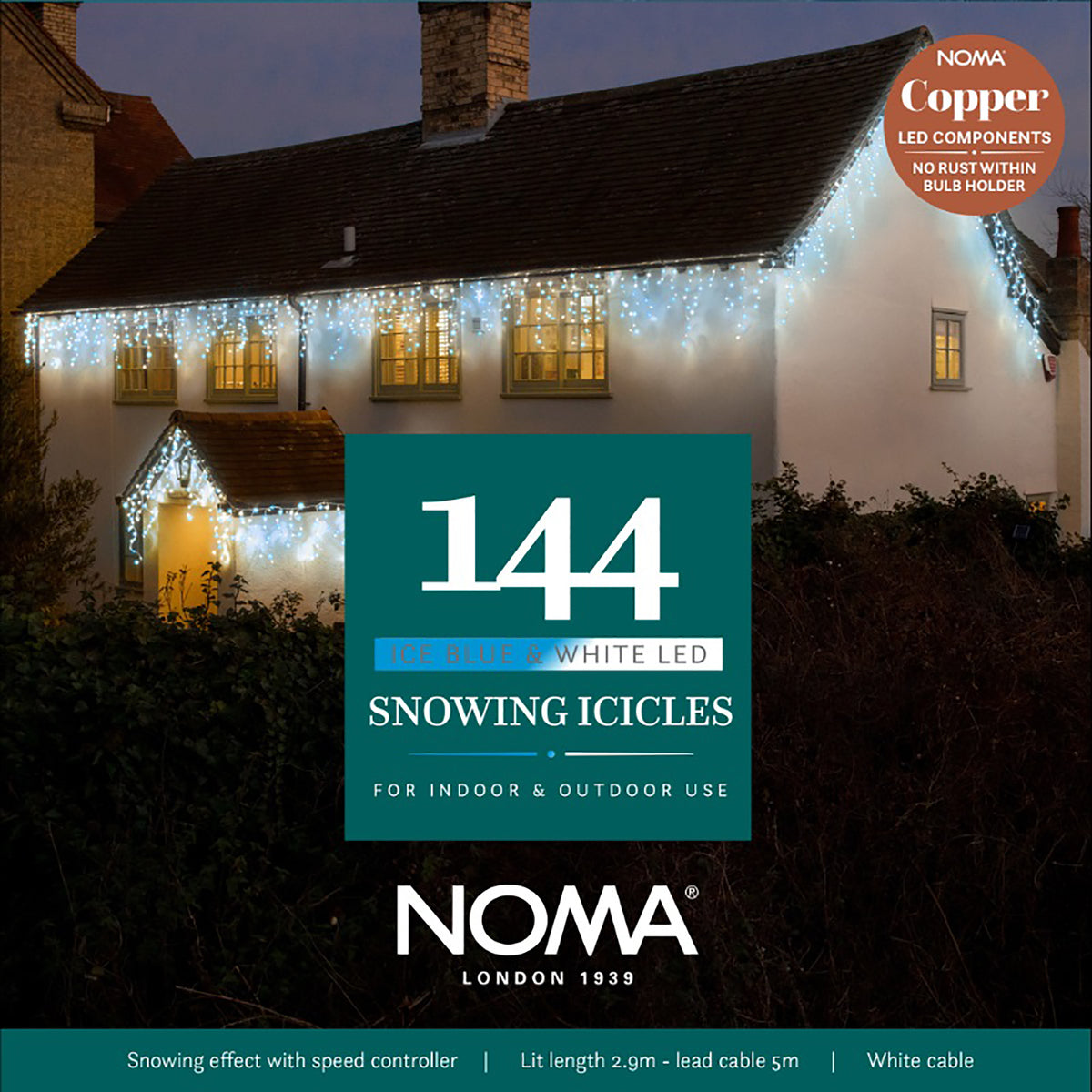Noma Christmas 240, 360, 480, 720, 960 Snowing Icicle LED Lights with White Cable- White/ Ice Blue