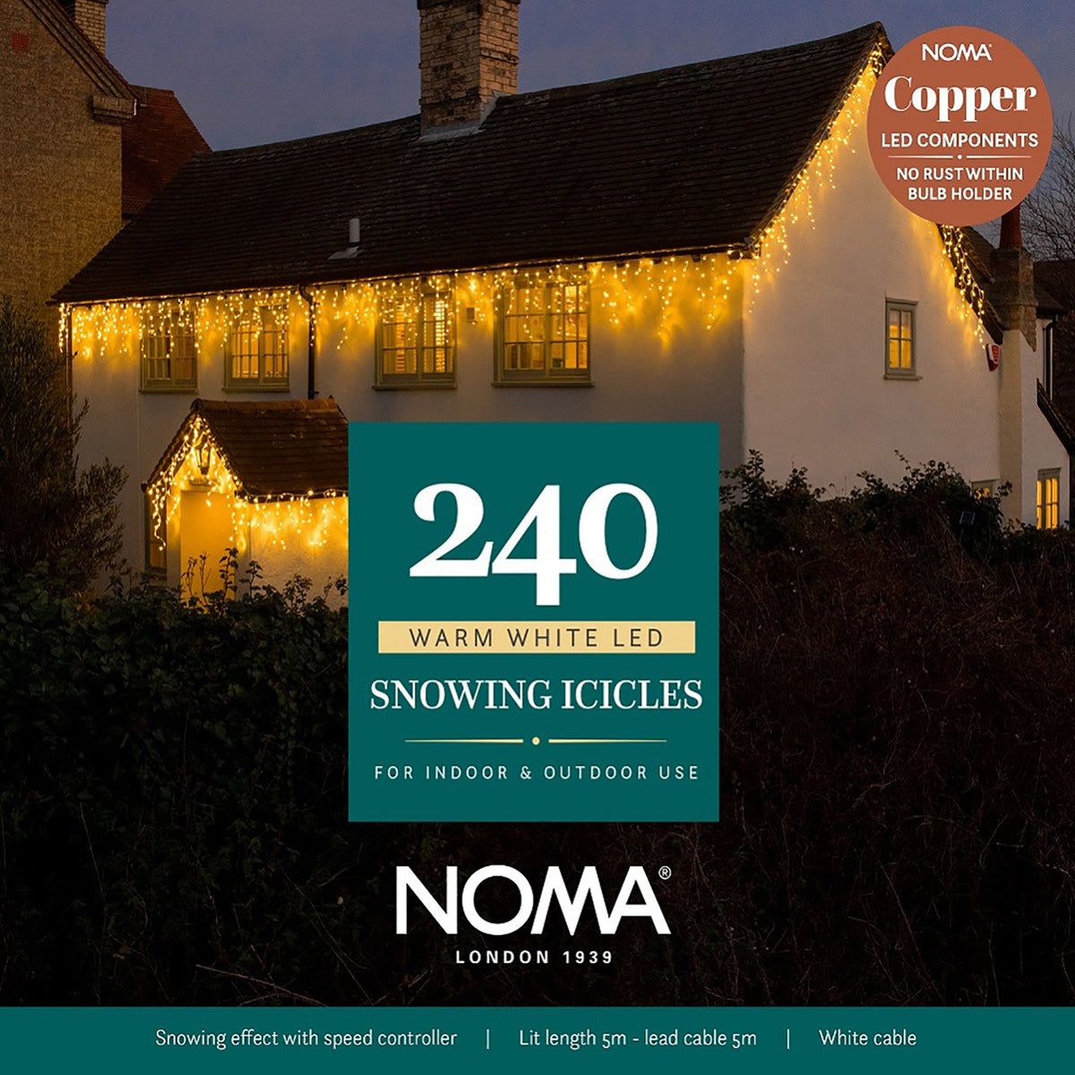 Noma Christmas 144, 240, 360, 480, 720, 960 Snowing Icicle LED Lights with White Cable - Warm White