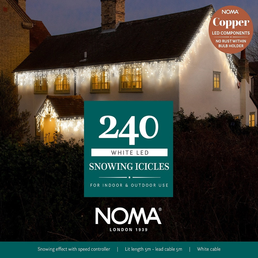 Noma Christmas 144, 240, 360, 480, 720, 960 White Snowing Icicle LED Lights with White Cable