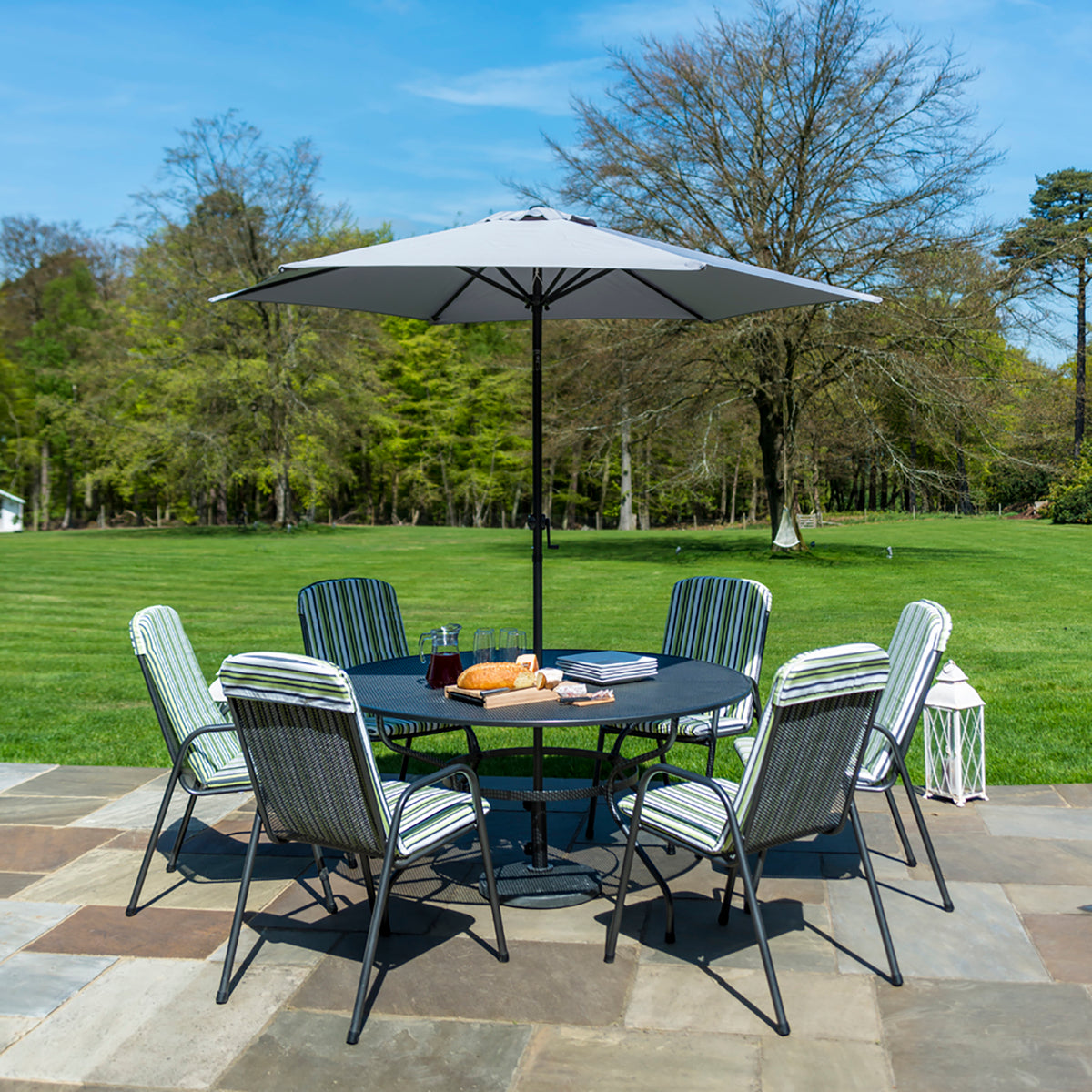 Alexander Rose Portofino 6 Seater Metal Garden Furniture Set with 1.5m Round Table and High Back Armchairs