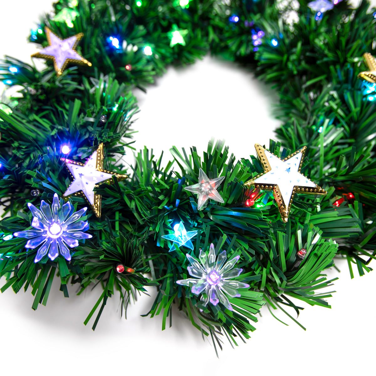 Christmas Wreath with Multi Coloured LED&#39;s, Stars and Lotus Flowers - Green 60cm