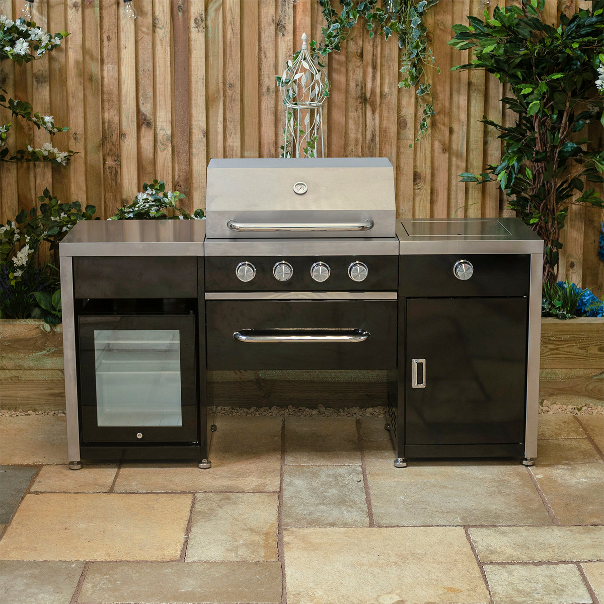 Draco Grills Black 4 Burner Gas Barbecue Outdoor Kitchen Island with Fridge and Side Burner