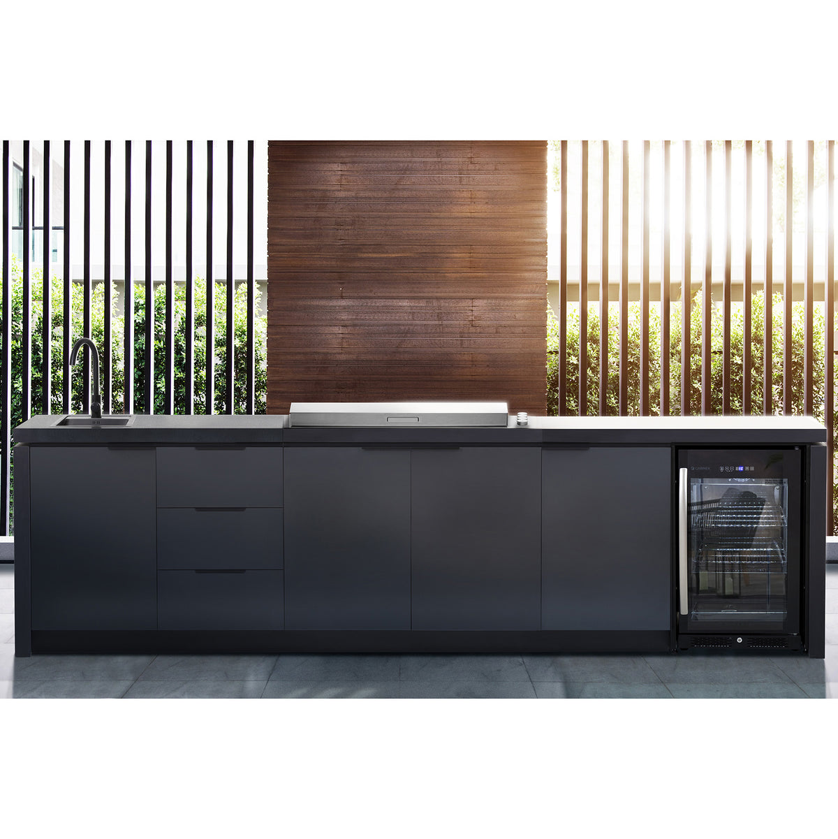BeefEater 6 Burner Premium Cabinex with Proline Flat Lid Barbecue and Fridge