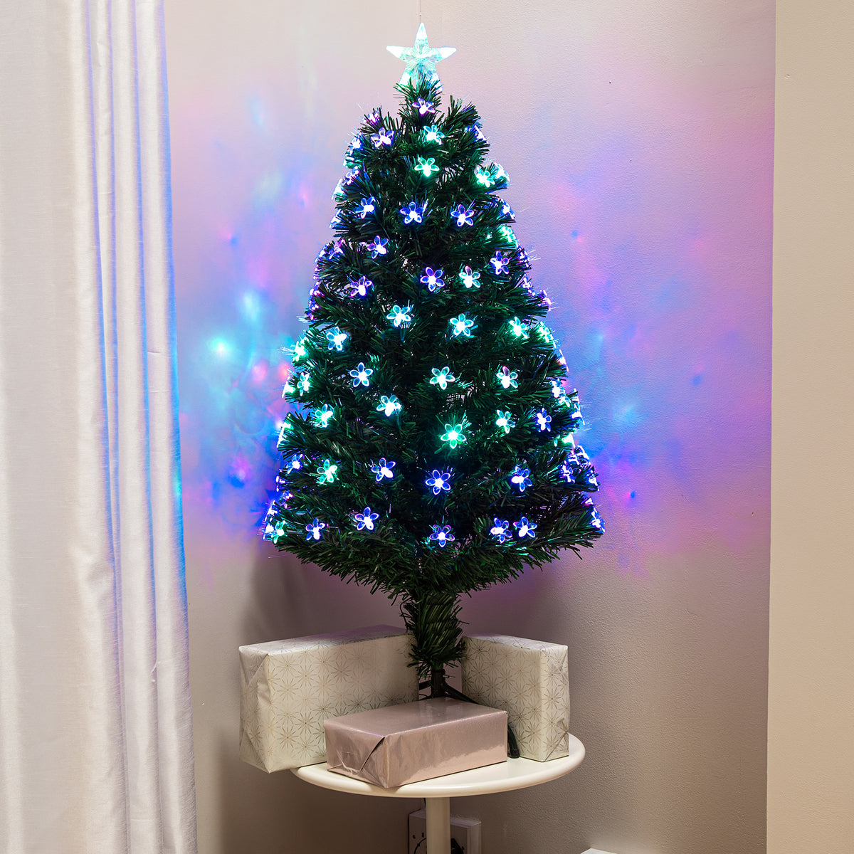 Green Fibre Optic Christmas Tree 2ft to 6ft with Multi Coloured Fibre Optics and Flowers
