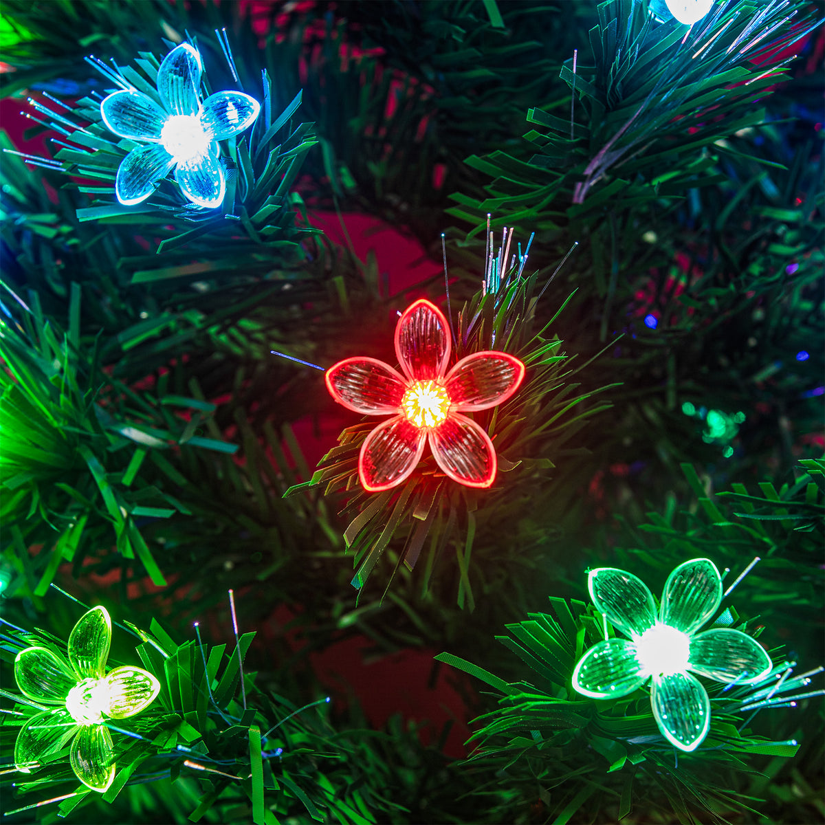 Green Fibre Optic Christmas Tree 2ft to 6ft with Multi Coloured Fibre Optics and Flowers