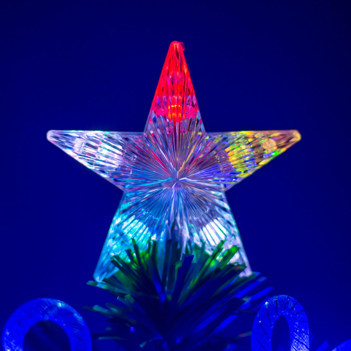 Green Fibre Optic Christmas Tree 2ft to 7ft with Multi Coloured LED Lights and Blue Bows