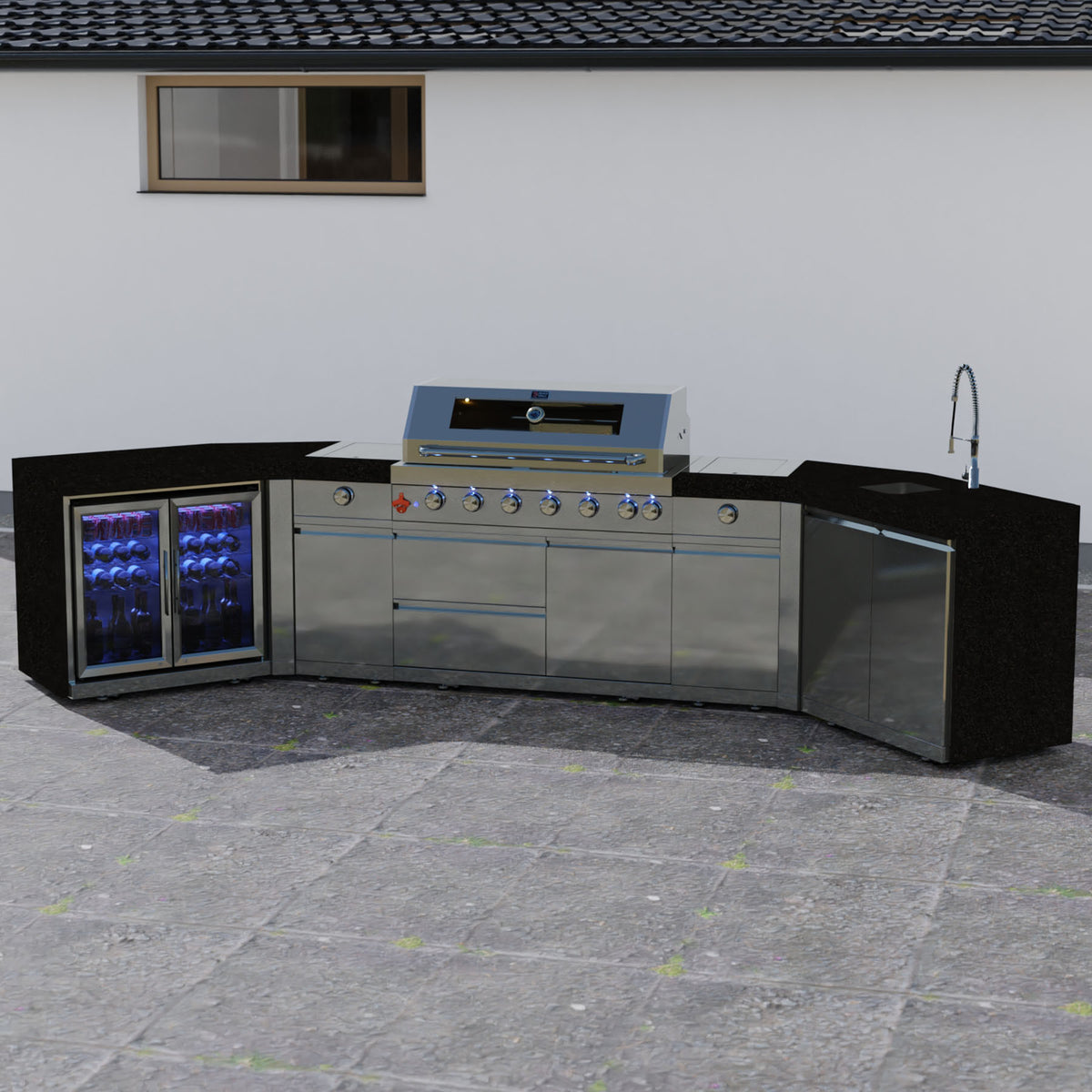 Draco Grills 6 Burner BBQ Modular Outdoor Kitchen with Searing Stations, Double Fridge and Sink