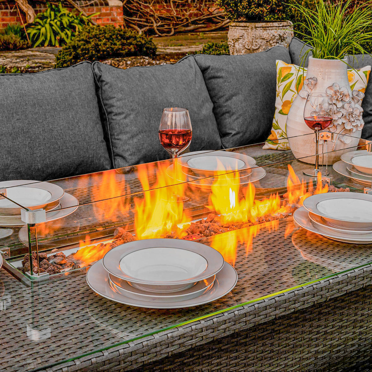 Bracken Outdoors Dakota Casual Dining Rectangular Corner Sofa Garden Furniture Set with Fire Pit Table