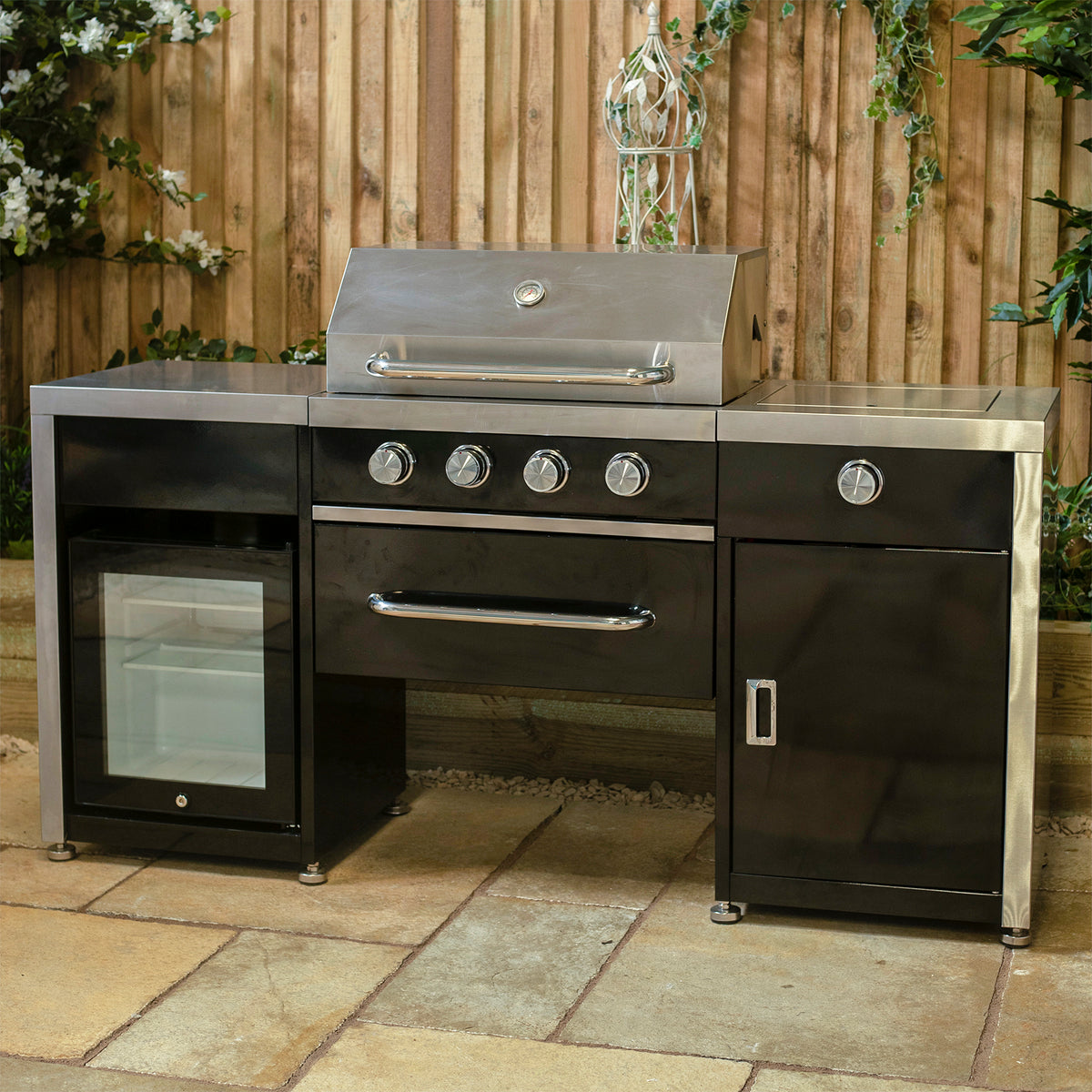Draco Grills Black 4 Burner Gas Barbecue Outdoor Kitchen Island with Fridge and Side Burner