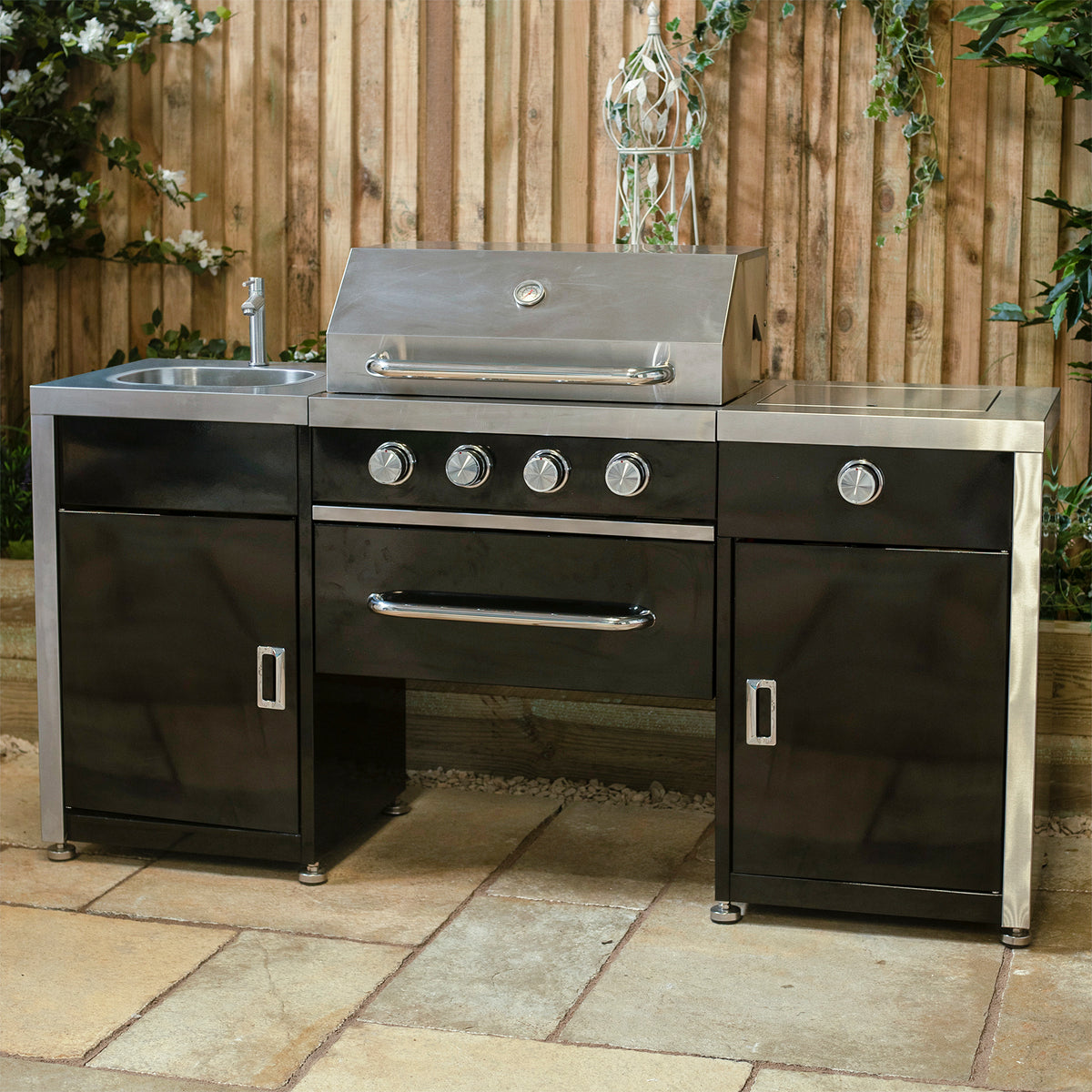 Draco Grills Black 4 Burner Gas Barbecue Outdoor Kitchen Island with Sink and Side Burner