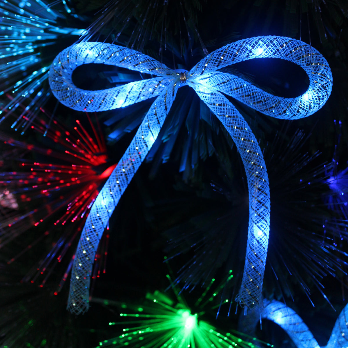 Green Fibre Optic Christmas Tree 2ft to 7ft with Multi Coloured LED Lights and Blue Bows