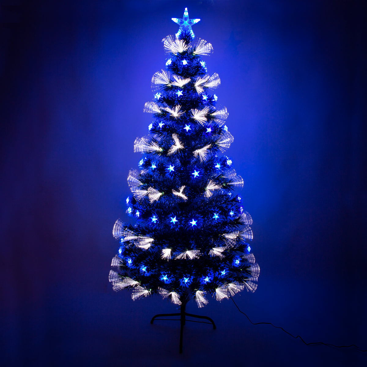Green Christmas Tree 2ft to 6ft with White Fibre Optic and Blue LED Lights and Stars