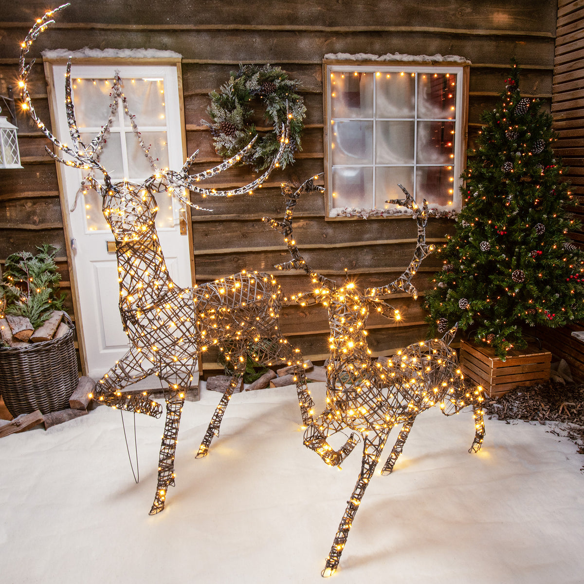 Grey Wicker Outdoor Light Up Christmas Reindeer Stag Duo Set
