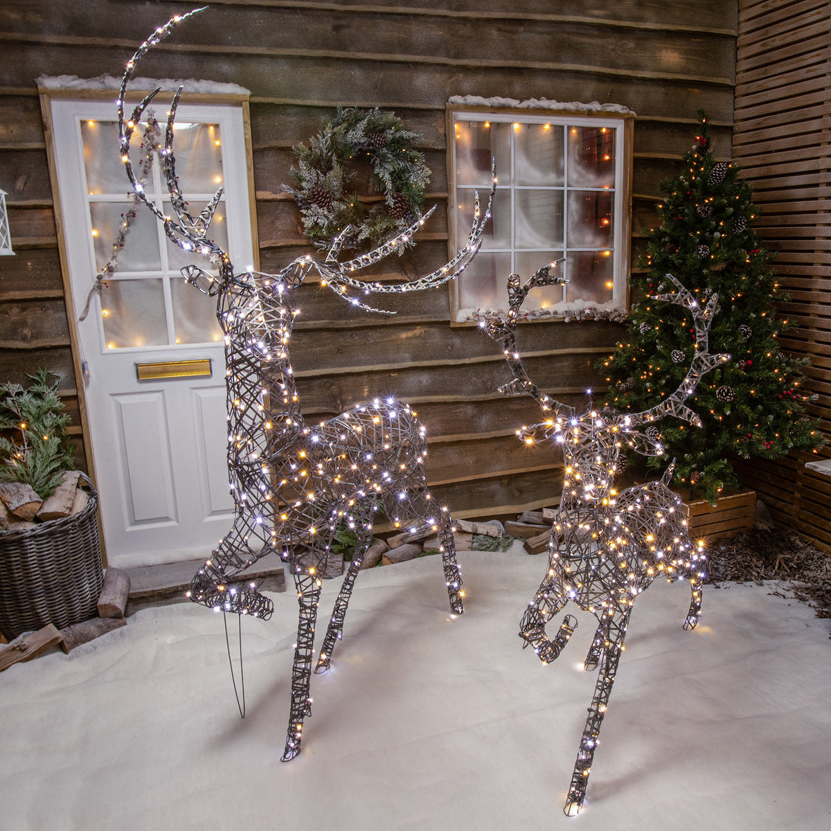 Grey Wicker Outdoor Light Up Christmas Reindeer Stag Duo Set