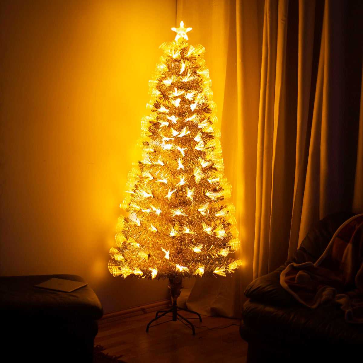 Gold Christmas Tree with Fibre Optics and Warm White LED Lights (2ft to 7ft)
