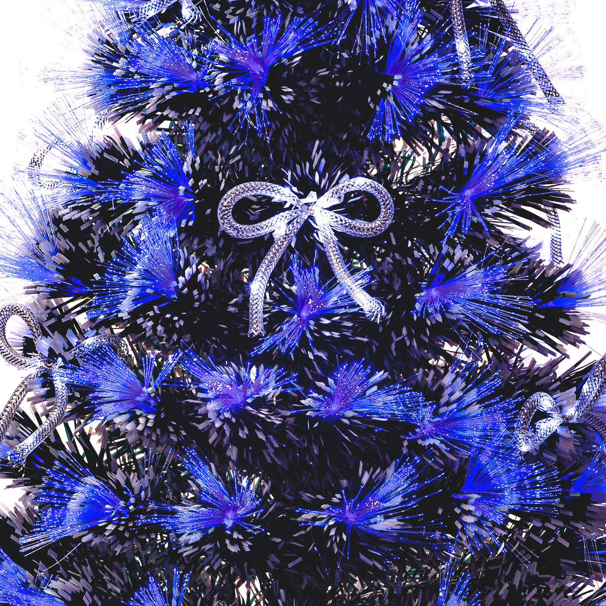 White Tipped Green Fibre Optic Christmas Tree 2ft to 7ft with Blue LED Lights and White Bows