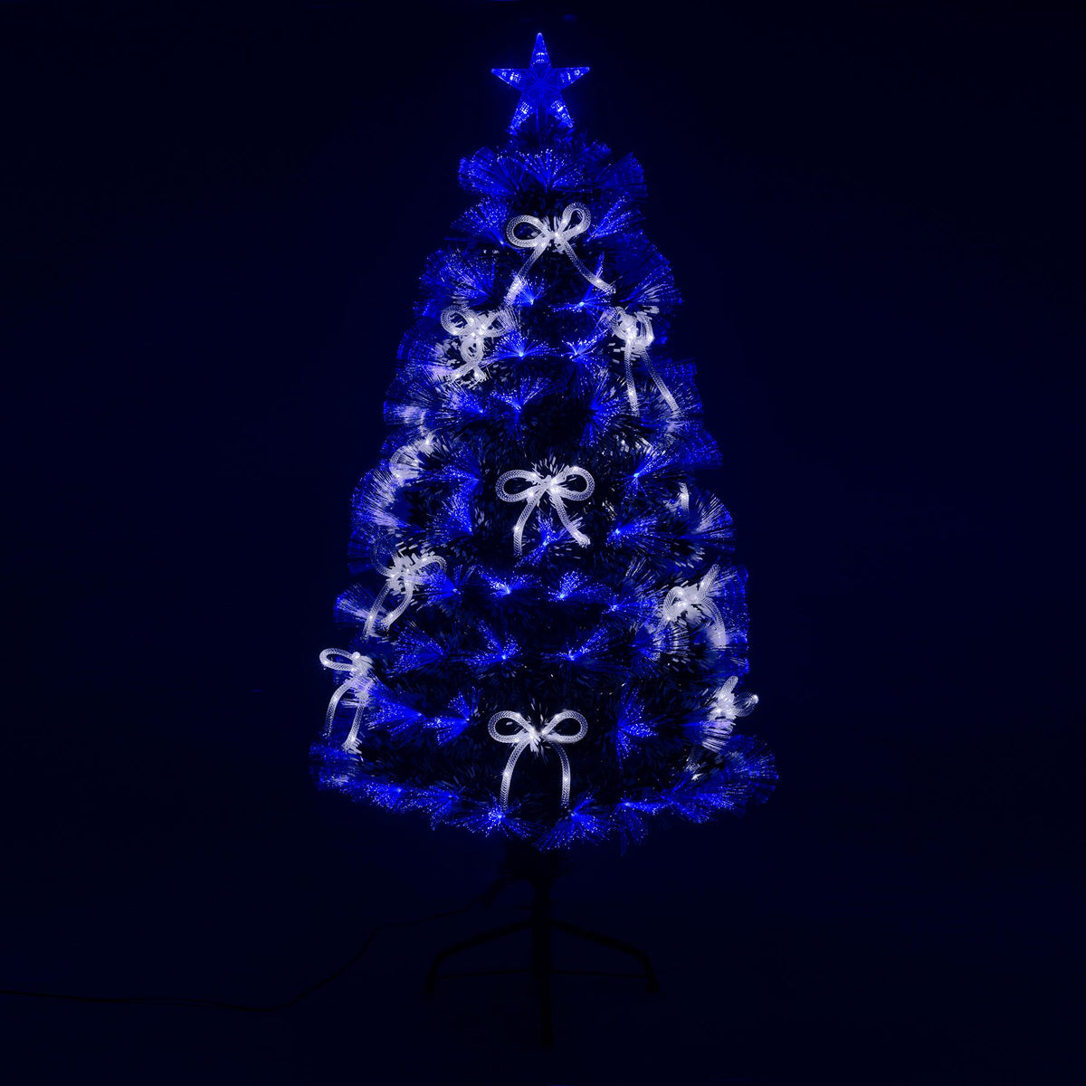 White Tipped Green Fibre Optic Christmas Tree 2ft to 7ft with Blue LED Lights and White Bows