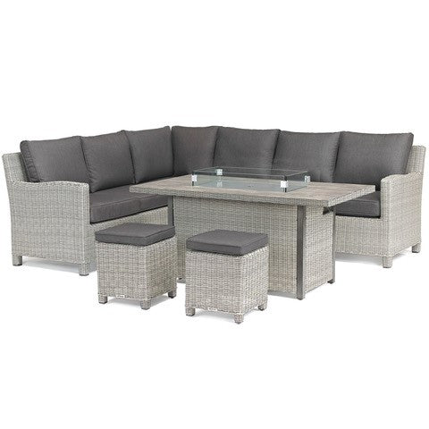 Kettler Palma Corner Right Hand White Wash Wicker Outdoor Sofa Set with Fire Pit Table