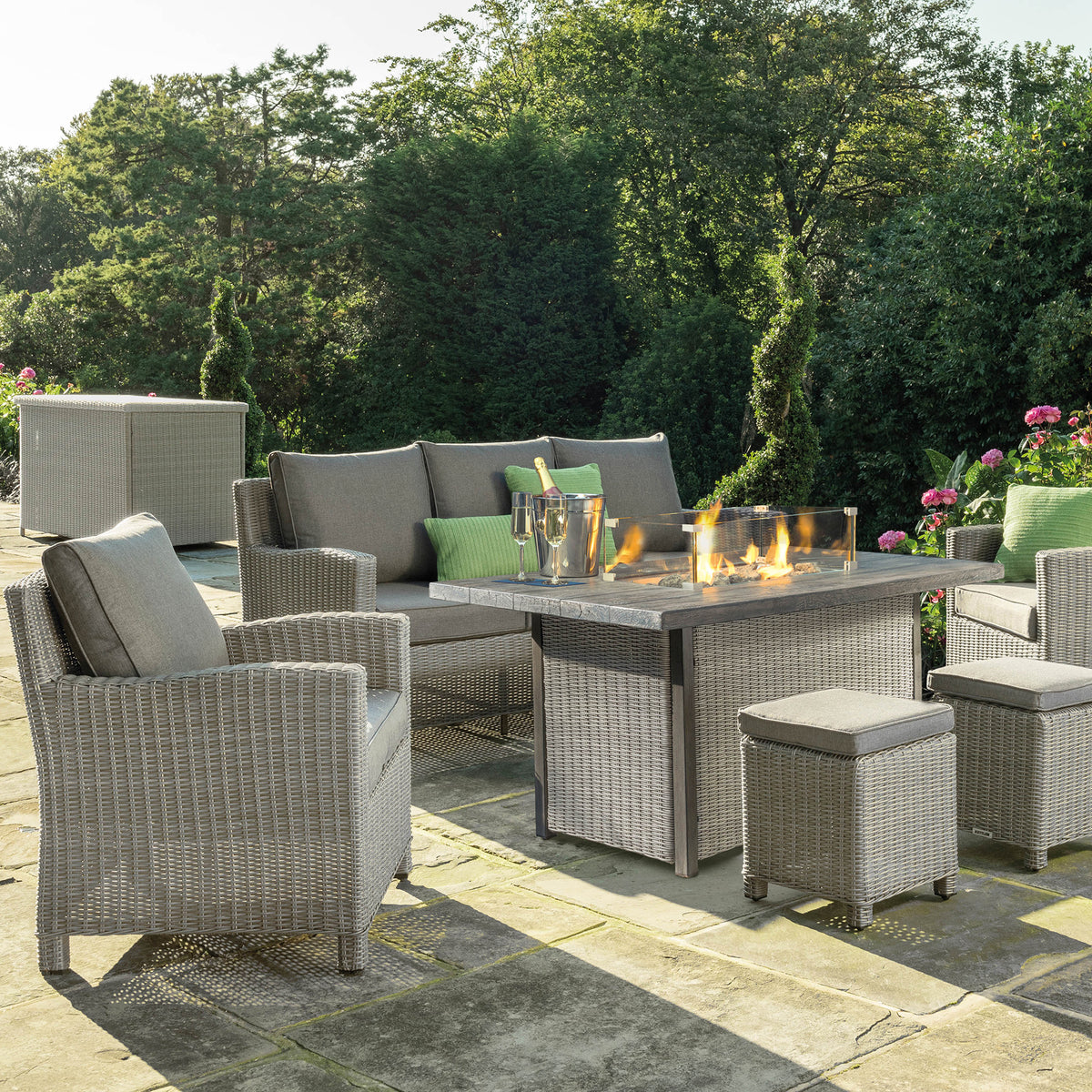 Kettler Palma White Wash Wicker Outdoor Casual Dining Lounge Sofa Set with Fire Pit Table