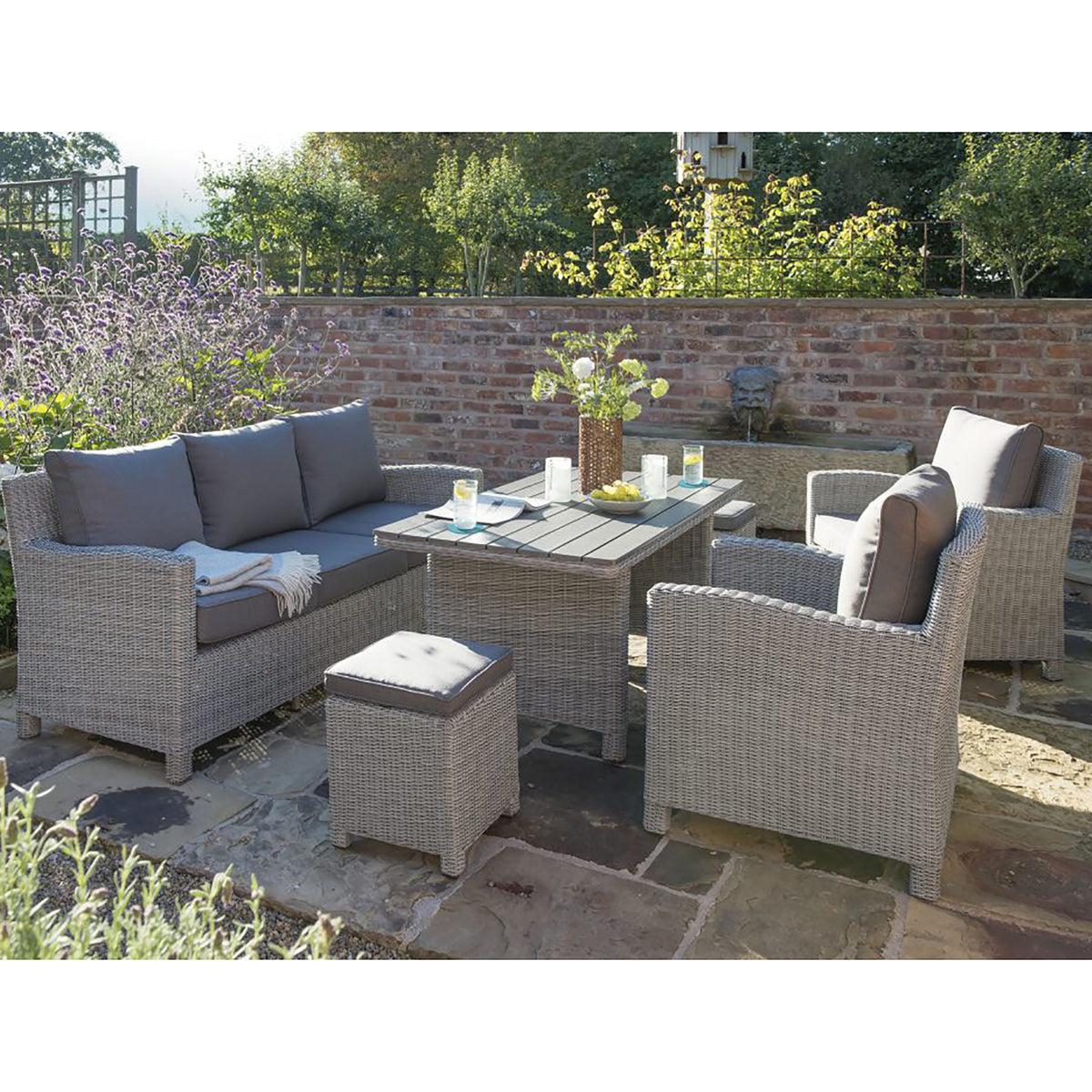Kettler Palma White Wash Wicker Outdoor Casual Dining Lounge Sofa Set with Slat Top Table