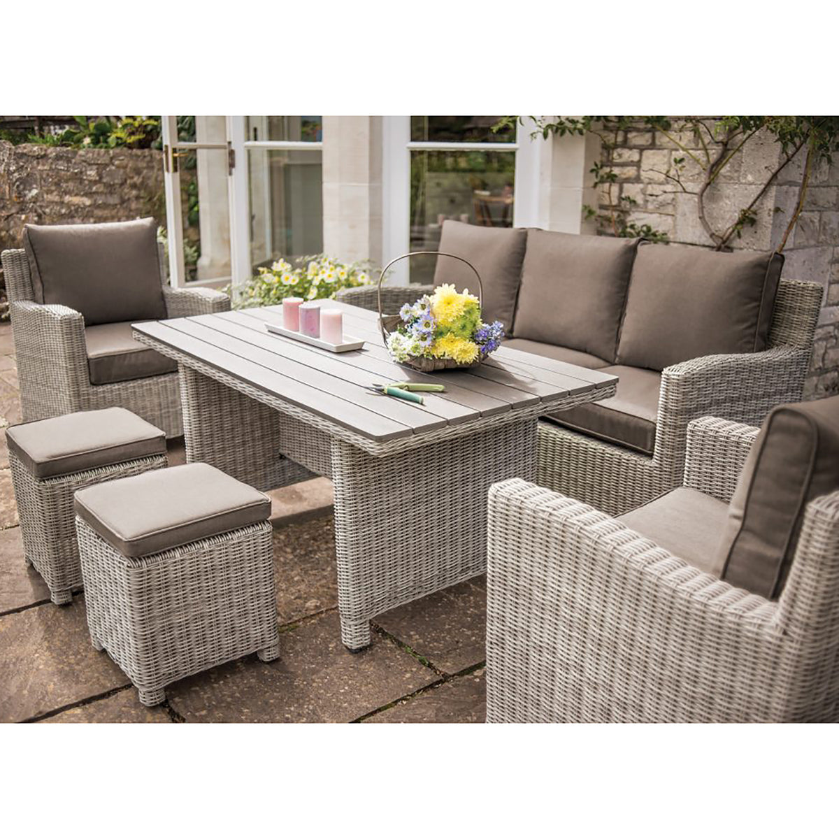 Kettler Palma White Wash Wicker Outdoor Casual Dining Lounge Sofa Set with Slat Top Table