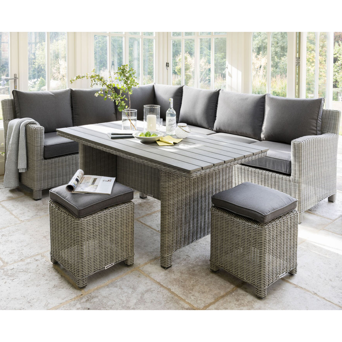 Kettler Palma Corner Right Hand White Wash Wicker Outdoor Sofa Set with Slat Top Table